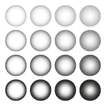 Round shaped dotted objects, stipple elements. Fading gradient. Stippling Stock Illustration