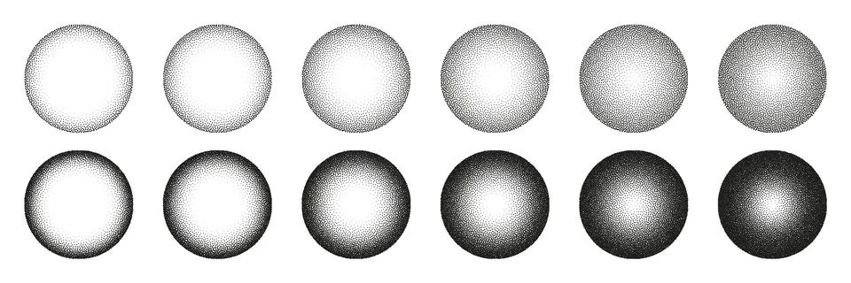 Round shaped dotted objects, stipple elements. Fading gradient. Stippling Stock Illustration