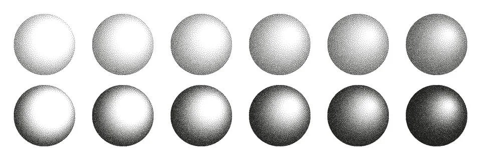 Round shaped dotted objects, stipple elements. Fading gradient. Stippling Stock Illustration