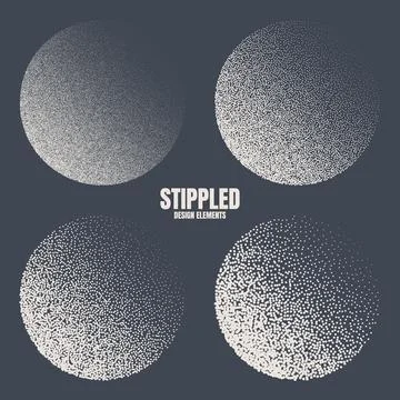 Round shaped dotted objects, stipple elements. Fading gradient. Stippling Stock Illustration