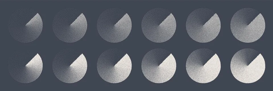 Round shaped dotted objects, stipple elements. Fading gradient. Stippling 库存插图