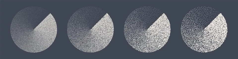 Round shaped dotted objects, stipple elements. Fading gradient. Stippling Illustrazione stock