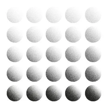 Round shaped dotted objects, stipple elements. Fading gradient. Stippling Stock Illustration