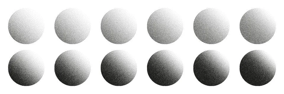 Round shaped dotted objects, stipple elements. Fading gradient. Stippling Stock Illustration