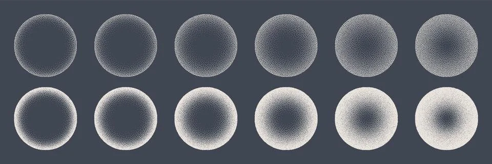 Round shaped dotted objects, stipple elements. Fading gradient. Stippling Stock Illustration
