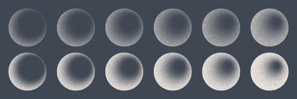 Round shaped dotted objects, stipple elements. Fading gradient. Stippling Stock Illustration