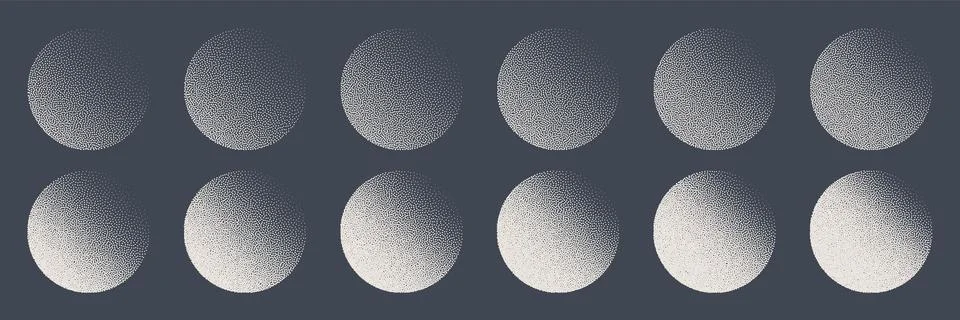 Round shaped dotted objects, stipple elements. Fading gradient. Stippling Stock Illustration