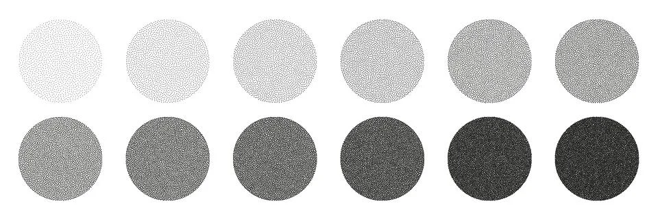 Round shaped dotted objects, stipple elements. Fading gradient. Stippling Stock Illustration