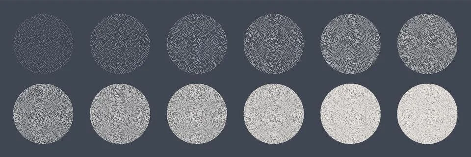 Round shaped dotted objects, stipple elements. Fading gradient. Stippling Stock Illustration