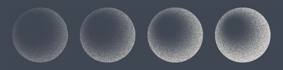 Round shaped dotted objects, stipple elements. Fading gradient. Stippling Illustrazione stock
