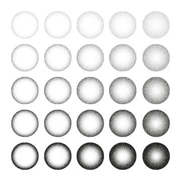 Round shaped dotted objects, stipple elements. Fading gradient. Stippling Stock Illustration