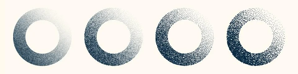 Round shaped dotted objects, vintage stipple elements. Fading gradient Stock Illustration