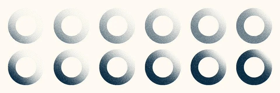 Round shaped dotted objects, vintage stipple elements. Fading gradient 库存插图