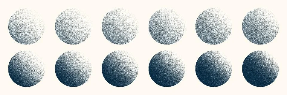 Round shaped dotted objects, vintage stipple elements. Fading gradient Stock Illustration