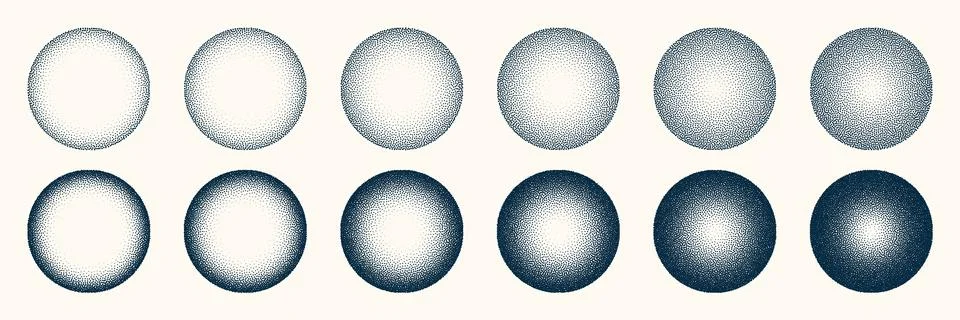 Round shaped dotted objects, vintage stipple elements. Fading gradient Stock Illustration