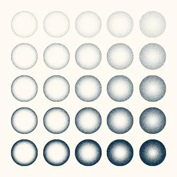 Round shaped dotted objects, vintage stipple elements. Fading gradient Stock Illustration