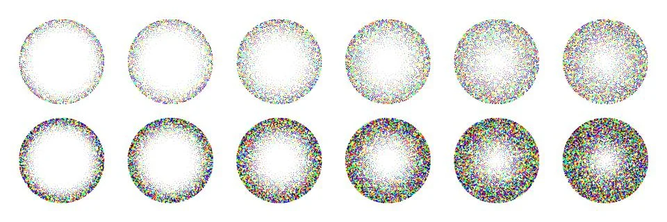 Round shaped dotted objects, vintage stipple elements. Fading gradient Stock Illustration