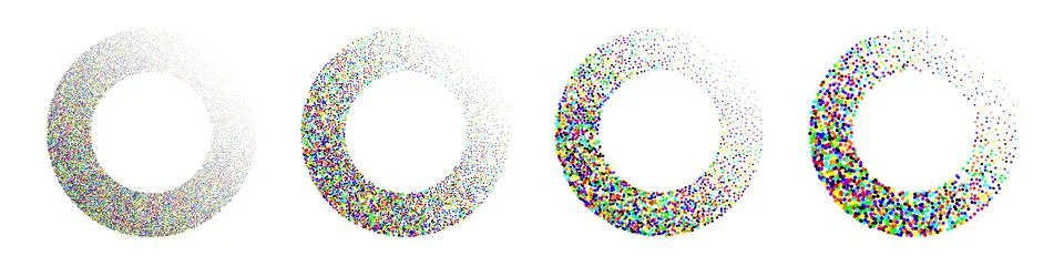 Round shaped dotted objects, vintage stipple elements. Fading gradient Stock Illustration