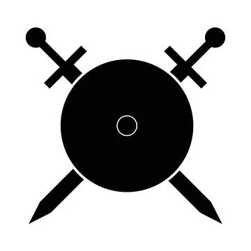 Round shield with 2 swords black icon Stock Illustration