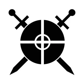 Round shield with cross and circle and 2 swords black icon Stock Illustration