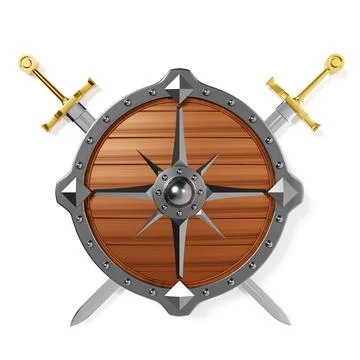 Round shield with crossed swords isolated on white background Illustrazione stock