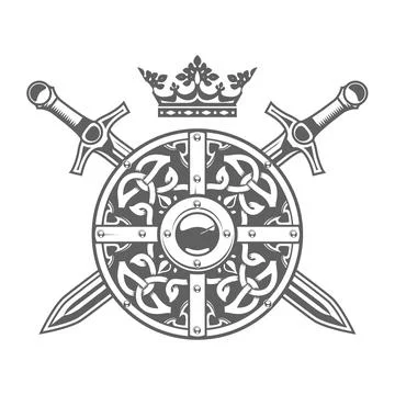 Round shield with fancy pattern, crown and crossed swords, medieval blazon an 스톡 일러스트