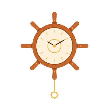 Round ships mechanical clock in shape of wooden wheel with dial and hands Stock Illustration