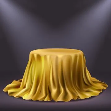 Round show table stage covered with golden cloth Illustrazione stock