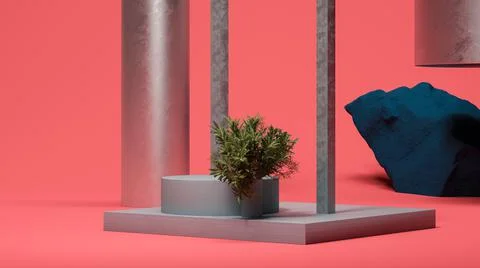 Round showcase on square podium display near gray arc, plant, stone and Stock Illustration