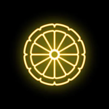 Round slice of citrus fruit with glowing yellow neon outline on black Stock Illustration