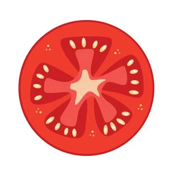 Round slice of red tomato drawn on white background. Flat tomato icon. Stock Illustration