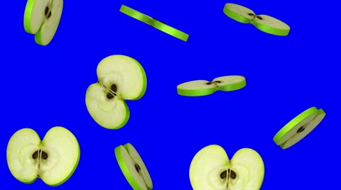 Round slices of green apple falling on blue screen, seamless loop, CG Stockbeeldmateriaal 65000259
