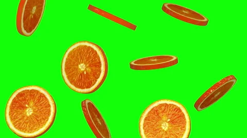 Round slices of orange falling on green screen, seamless loop, CG Stock Footage 65000295