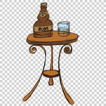 Round small table with a bottle of rum and a glass on it Stock Illustration