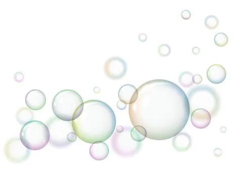 Round soap bubbles on white background. Stock Illustration
