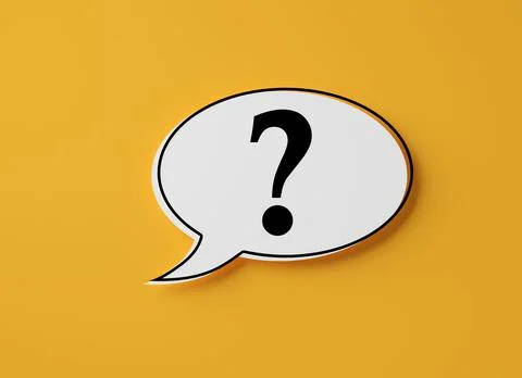 Round speech bubble with question mark symbol on yellow background, help , su Stock Illustration