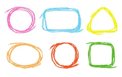 Round, square design element set. Colorful chalk crayon hand drawing frame Stock Illustration