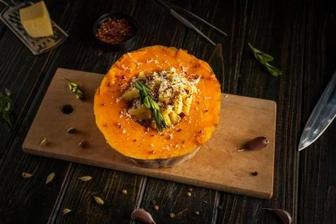 A round squash is cut in half and filled with cheese, herbs, and spices. It i Stock Photos