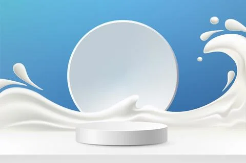 Round stage for the product presentation. Splash milk background. Splash of w Stock Illustration