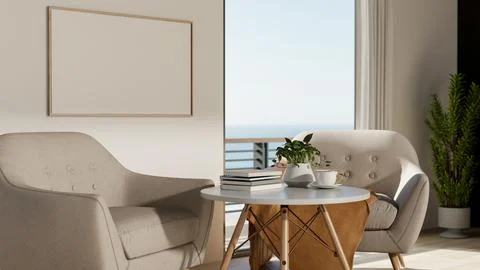 Round stool table and sofa or armchair in front of white wall with empty fr.. Stock Illustration