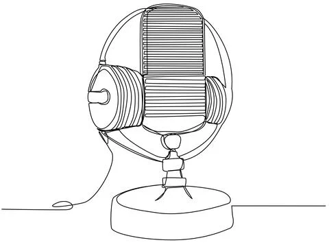 Round studio microphone with headphones in one line on a white background. Stock-Illustration