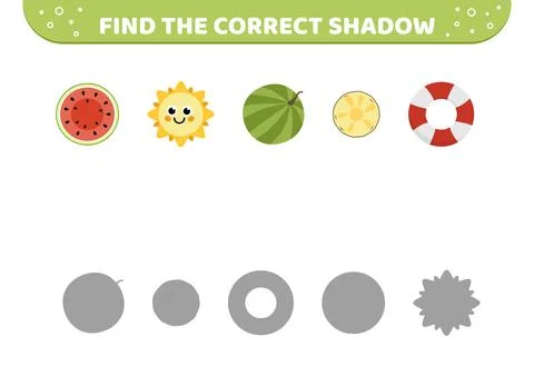 Round subjects. Find the correct shadow. Shadow matching game. Summer elements Stock Illustration