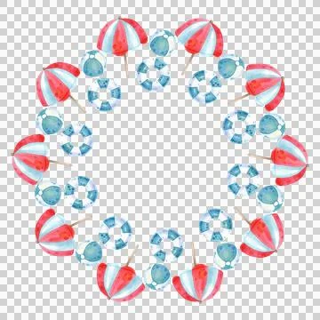 Round summer frame with beach umbrella, swimming ring and ball. Stock Illustration