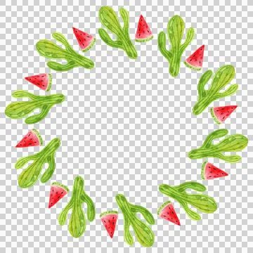 Round summer frame with green cactus and watermelon. Watercolor illustration Illustrazione stock