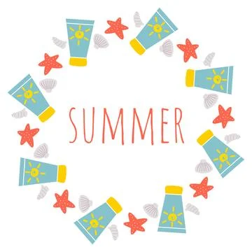Round summer frame made of seashells and sunscreen tubes Stock Illustration