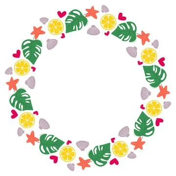 Round summer frame made of shells, monstera leaves, starfish and lemon slices Stock Illustration