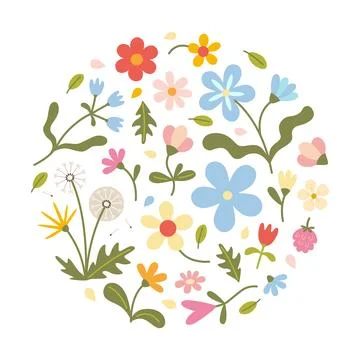 Round summer or spring composition with wildflowers, butterflies and leaves.. Stock Illustration