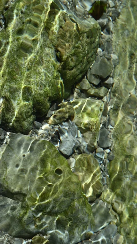 Round sunlight effects on the ground of a mountain stream in summer, vertical Stock-Footage 260878122