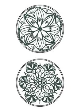 Round symmetrical pattern in folk style with floral and plant elements Stock Illustration