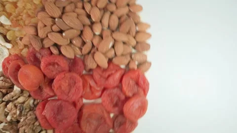 Round table. Cashew selection. Nuts and dried fruits. Healthy food Stock-Footage 168920307